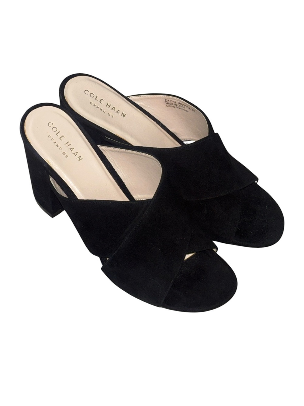 Cole Haan Black Suede Crossover Open-Toe Block Heel Mules, 7